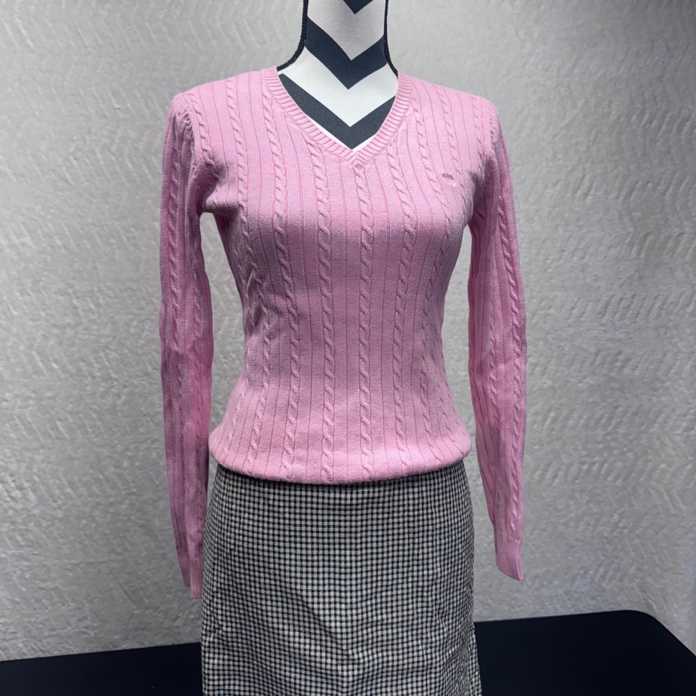 IZOD Womens Pink V-Neck Cable Knit 100% Cotton Sweater Size Small RN 36543